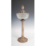 A George V silver octagonal shaped paraffin burning table lamp converted to an electric table