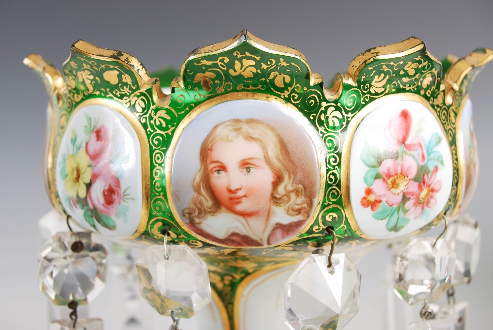 A pair of late 19th century Bohemian green and opaque white glass lustres, suspending clear glass - Image 7 of 15