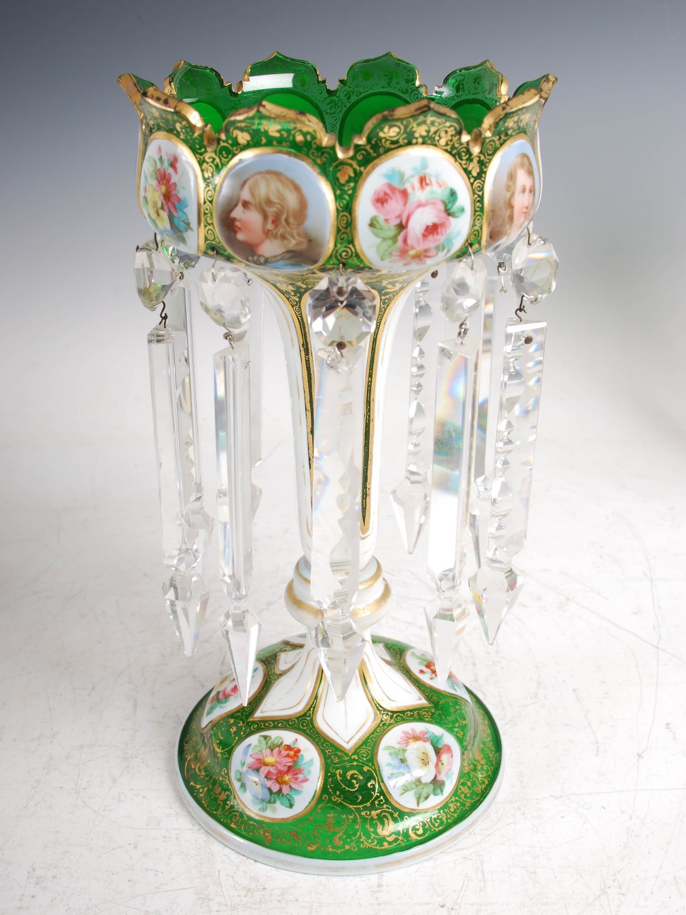 A pair of late 19th century Bohemian green and opaque white glass lustres, suspending clear glass - Image 2 of 15