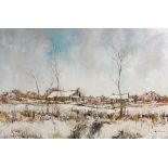 20th century Continental School A snow covered winter landscape with farm buildings oil on canvas,