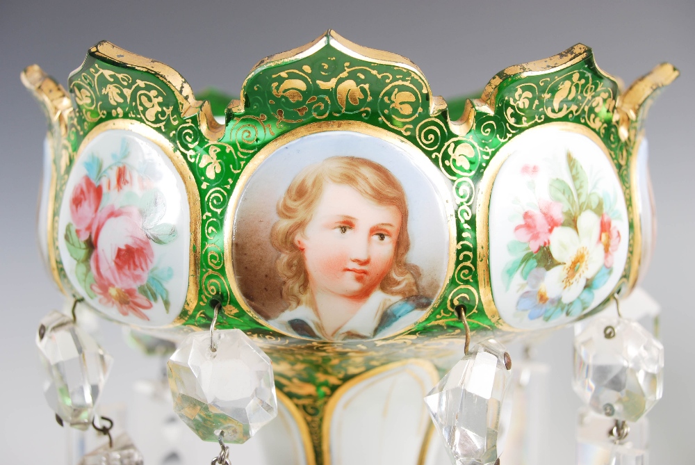 A pair of late 19th century Bohemian green and opaque white glass lustres, suspending clear glass - Image 5 of 15