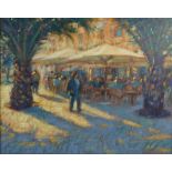 J. Mackie (20th century) Street scene with cafe terrace oil on canvas, signed lower right and