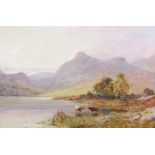 AR Alfred Fontville de Breanski (1877-1957) Cattle watering in a sunset Highland landscape oil on