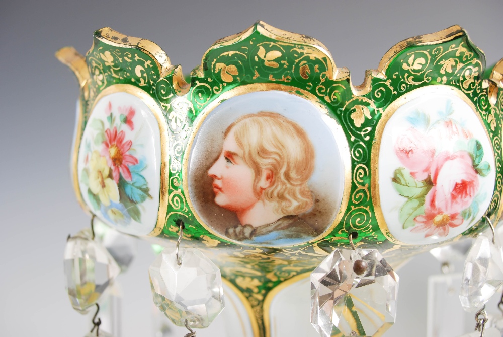 A pair of late 19th century Bohemian green and opaque white glass lustres, suspending clear glass - Image 4 of 15