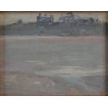 AR John Duncan Fergusson RBA (1874-1961) Houses above a beach, Firth of Forth oil on board 10.5cm