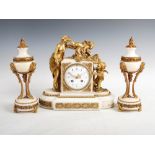 A late 19th century ormolu mounted marble clock garniture, the clock with a circular enamelled
