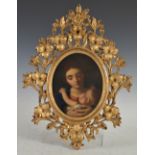 19th century Italian School Madonna and child oil on board in Florentine giltwood frame 21cm x 16cm