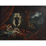 19th century British School Moonlight scene with Cavalier sleeping and vision oil on panel 31cm x