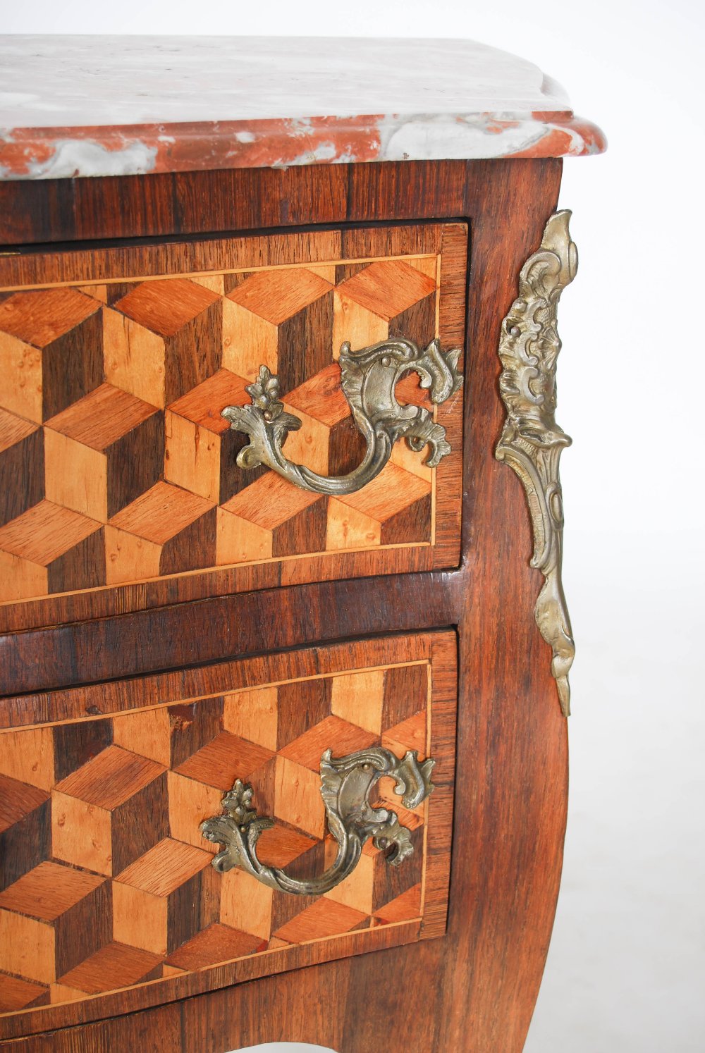 A late 19th century French kingwood, parquetry and gilt metal mounted commode, the red and white - Image 4 of 14