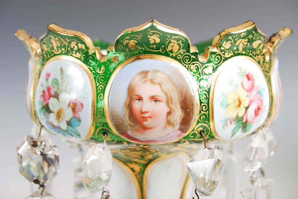 A pair of late 19th century Bohemian green and opaque white glass lustres, suspending clear glass - Image 6 of 15