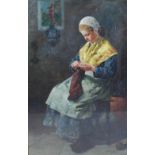 19th century Dutch School The yellow shawl, portrait of a girl knitting oil on canvas, signed with