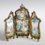 A French ormolu and enamel timepiece in the form of a three fold screen, the centre panel with