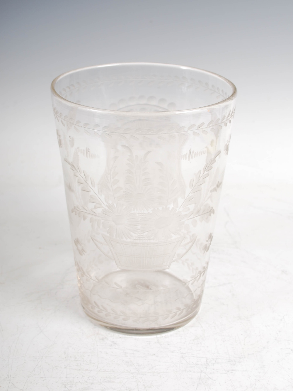 A 19th century Continental glass vase, of tapered cylindrical form with wheel cut decoration of a - Image 2 of 7