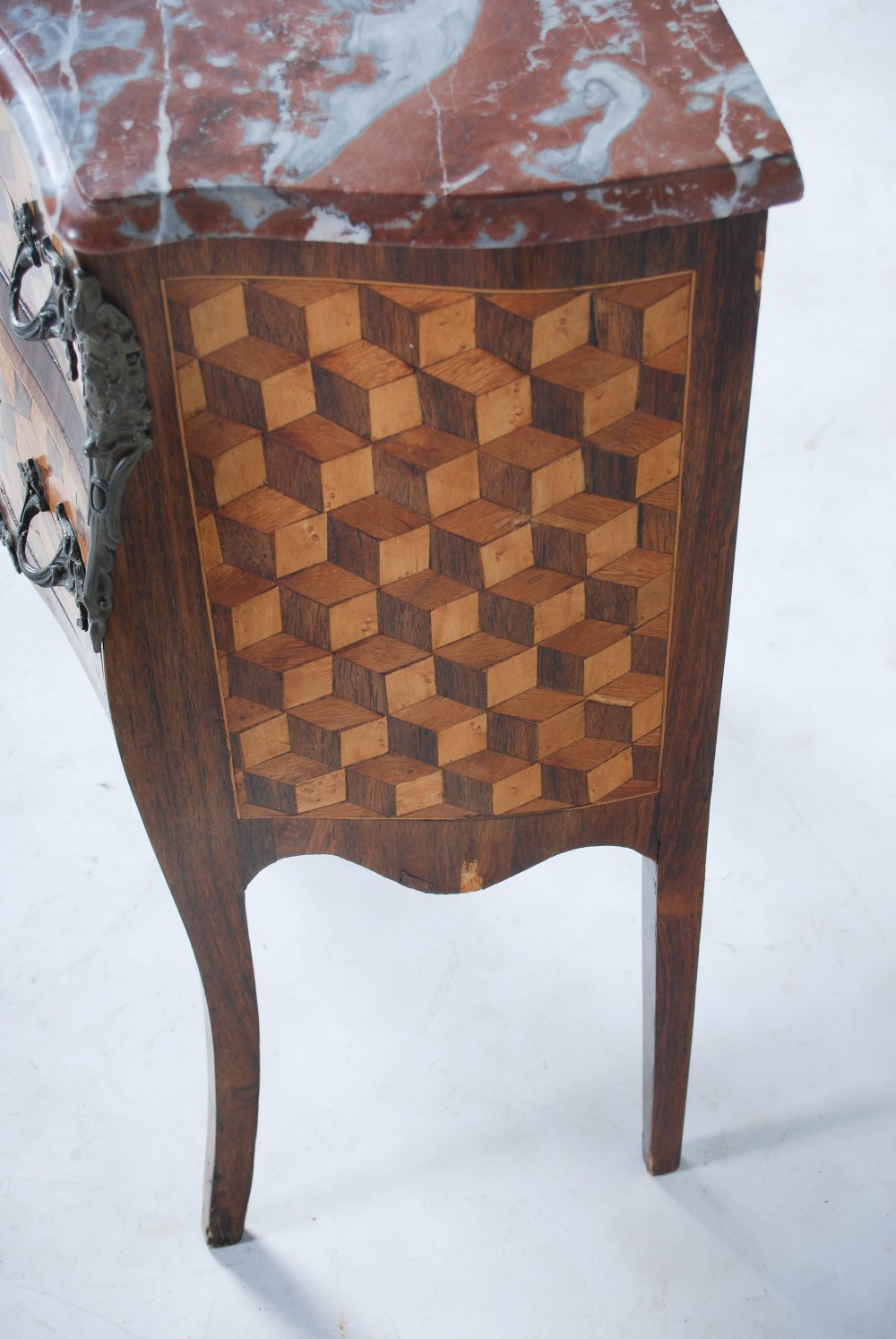 A late 19th century French kingwood, parquetry and gilt metal mounted commode, the red and white - Image 11 of 14