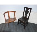 A 19th century stained oak side chair and a Provincial low chair, the stained oak side chair with