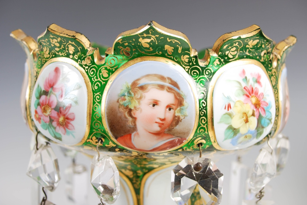 A pair of late 19th century Bohemian green and opaque white glass lustres, suspending clear glass - Image 8 of 15