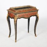 A late 19th century ebonised Boulle work jardiniere stand, the rectangular top with metal liner