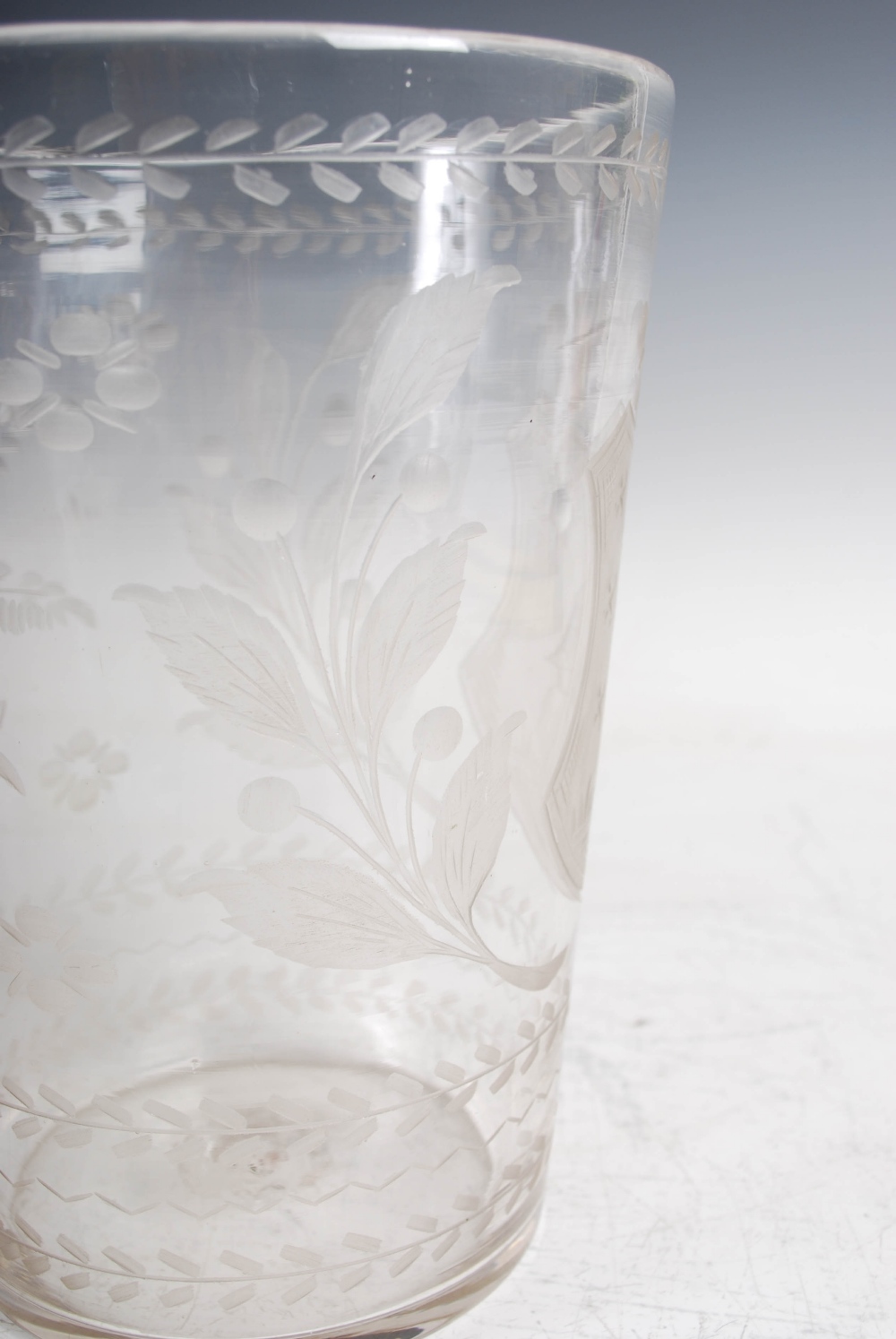 A 19th century Continental glass vase, of tapered cylindrical form with wheel cut decoration of a - Image 5 of 7