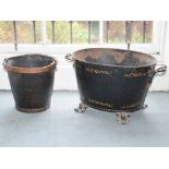 A 19th century Japanned oval metal twin handled fuel bin and a 19th century leather fire bucket, the