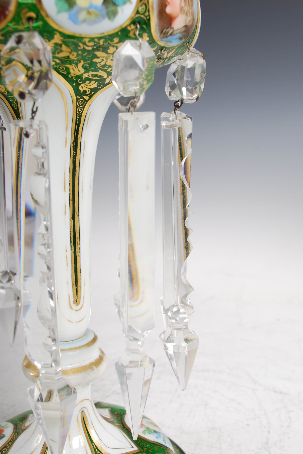 A pair of late 19th century Bohemian green and opaque white glass lustres, suspending clear glass - Image 10 of 15