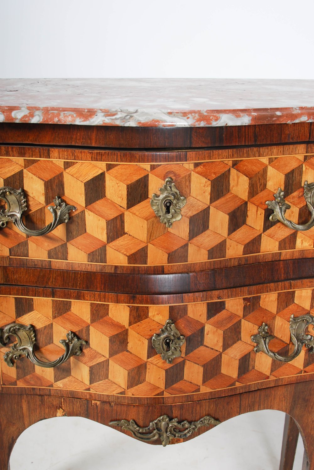 A late 19th century French kingwood, parquetry and gilt metal mounted commode, the red and white - Image 3 of 14