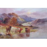 C.W. Oswald (fl.1892-1900) Highland cattle watering in a sunset Highland Loch oil on canvas,