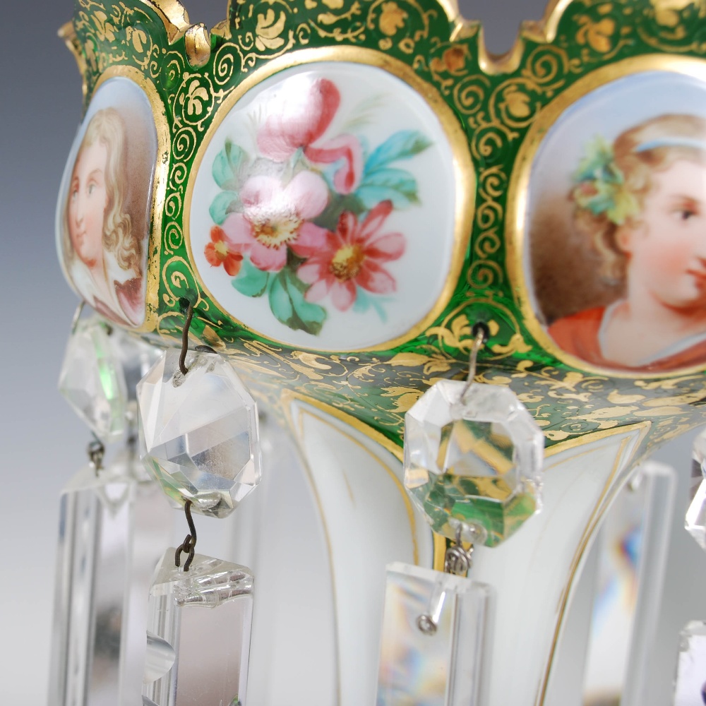 A pair of late 19th century Bohemian green and opaque white glass lustres, suspending clear glass - Image 12 of 15