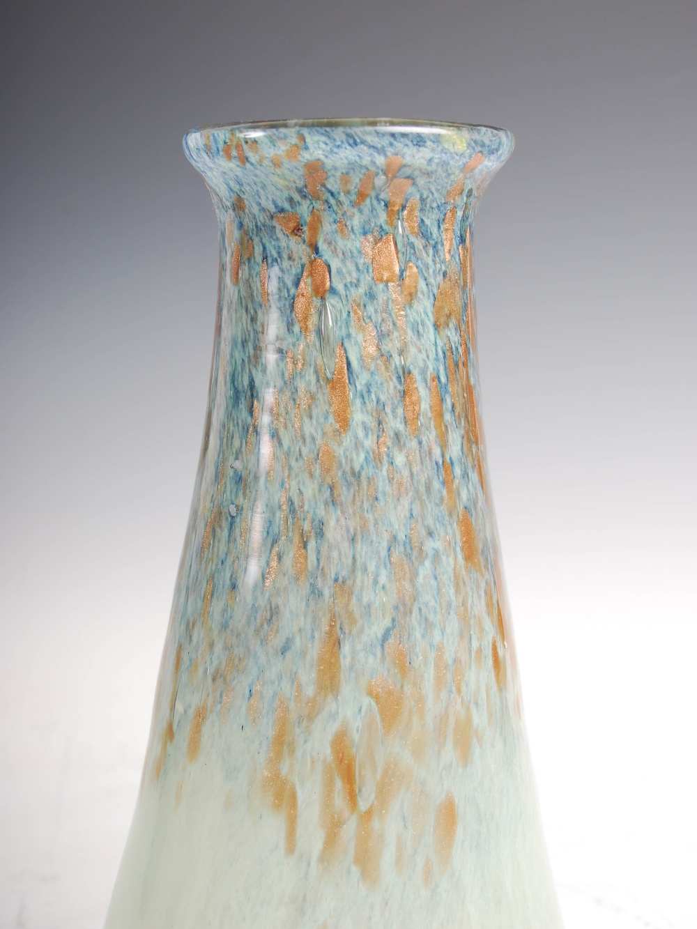 A Monart vase, shape S, mottled blue and green glass with gold inclusions, 32.5cm high. - Image 4 of 5