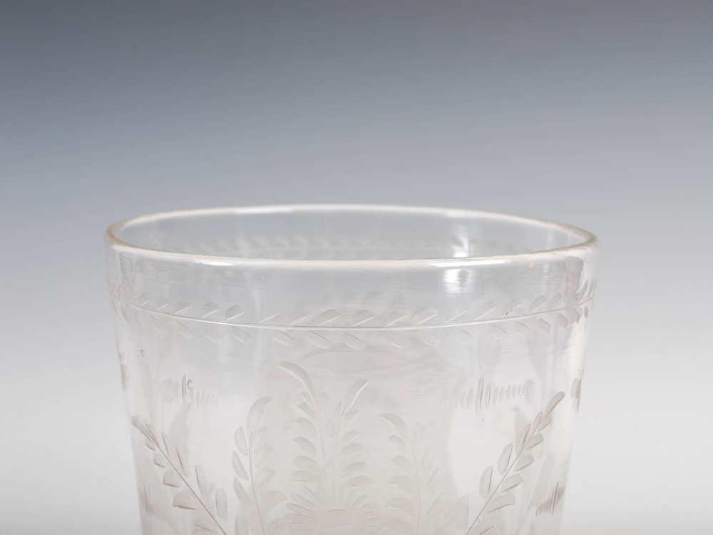 A 19th century Continental glass vase, of tapered cylindrical form with wheel cut decoration of a - Image 3 of 7