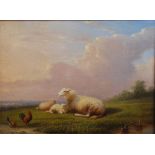 Francois Vandeverdonck (Belgian 1848-1875) Sheep and chickens in a summer meadow oil on panel,
