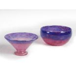 Two Monart bowls, shape MB and shape ZA, both mottled purple and pink glass, shape MB 10.5cm
