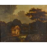 18th century European School, possibly Italian Mill house and figures in a mountain landscape oil on