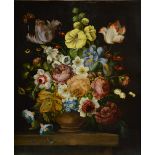 18th century Dutch School Still life with urn issuing tulips, peony and other flowers oil on