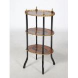 A late 19th century walnut, ebonised and marquetry inlaid gilt metal mounted three tier etagere, the