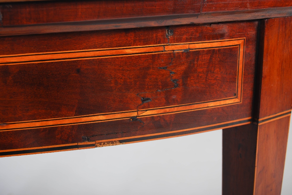 A George III mahogany and satinwood banded demi lune card table, the hinged top opening to a baize - Image 8 of 9