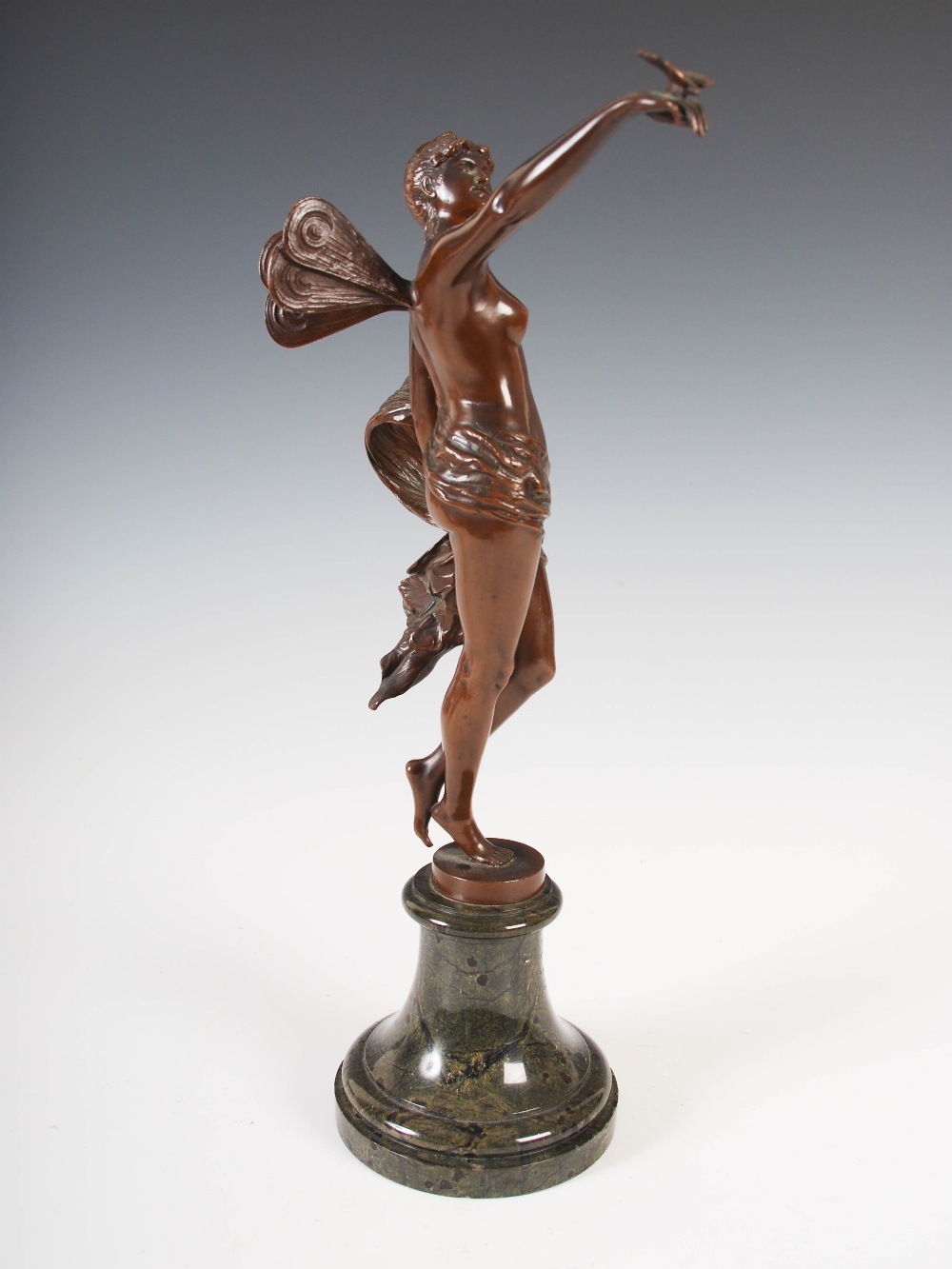 Franz Rosse, a bronze figure of a fairy, modelled standing with her right arm raised supporting a - Image 5 of 9