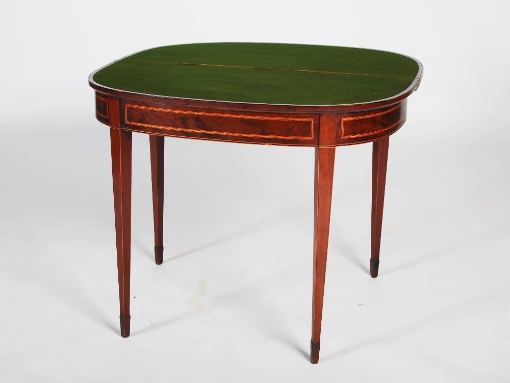 A George III mahogany and satinwood banded demi lune card table, the hinged top opening to a baize - Image 3 of 9