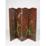 A late 19th/ early 20th century four fold painted leather screen, decorated on both sides with