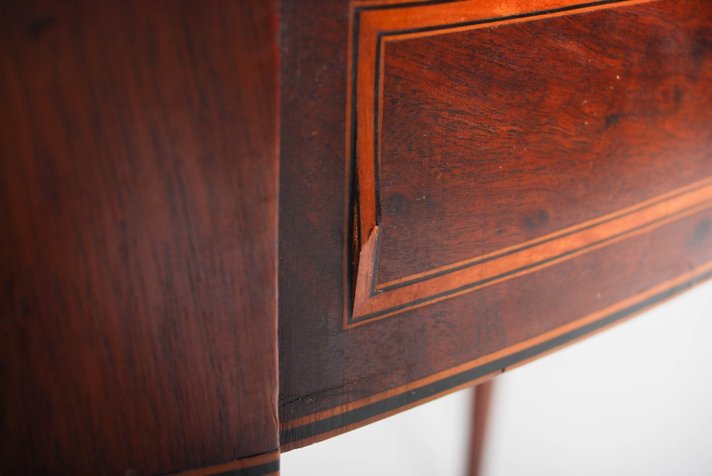 A George III mahogany and satinwood banded demi lune card table, the hinged top opening to a baize - Image 7 of 9