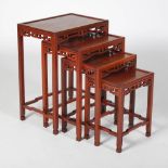 A quartetto of Chinese dark wood and silver wire inlaid occasional tables, the rectangular tops