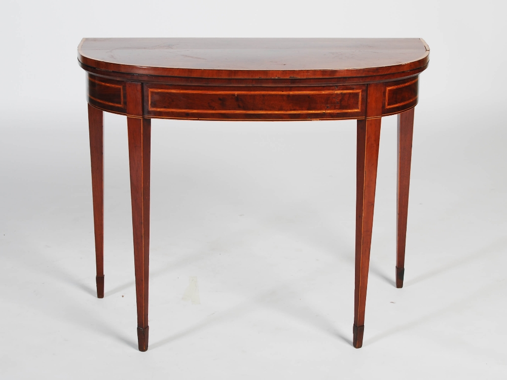 A George III mahogany and satinwood banded demi lune card table, the hinged top opening to a baize - Image 2 of 9