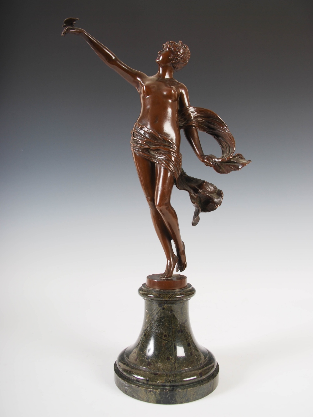 Franz Rosse, a bronze figure of a fairy, modelled standing with her right arm raised supporting a - Image 2 of 9
