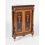 A late Victorian walnut, satinwood, ebonised and gilt metal mounted corner cabinet, the triangular