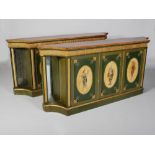 A pair of 19th century style painted satinwood side cabinets, the shaped rectangular tops with a