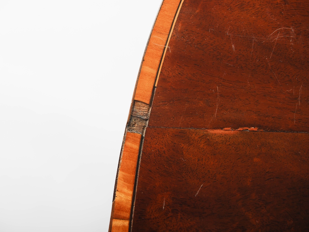 A George III mahogany and satinwood banded demi lune card table, the hinged top opening to a baize - Image 6 of 9