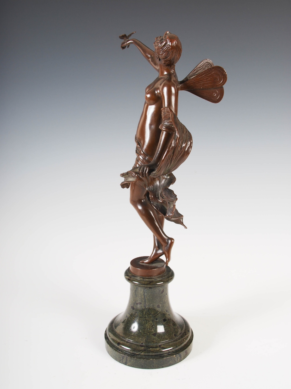 Franz Rosse, a bronze figure of a fairy, modelled standing with her right arm raised supporting a - Image 3 of 9