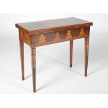 A 19th century Italian marquetry inlaid card table, the hinged rectangular top decorated with an