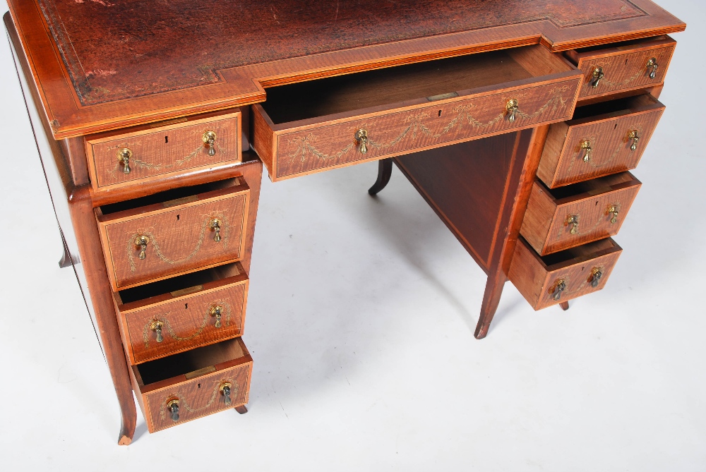 An Edwardian mahogany and satinwood banded pedestal desk by Edwards & Roberts, with raised gallery - Image 7 of 12
