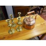 Copper kettle and 2 pairs of brass candle sticks