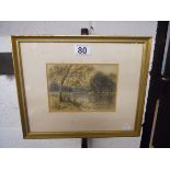 Small watercolour - Man fishing - signed